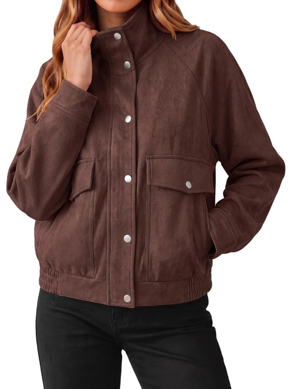Women's Chocolate Brown Faux Suede Cropped Stand Collar ZIP Up Bomber Jacket